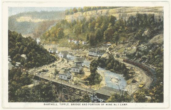 &quot;Barthell, Tipple, Bridge and Portion Of Mine No. 1 Camp.&quot;   From the Postcard Collection, circa 1890-1990, University of Kentucky Special Collections.  Accession number 2008ms016.