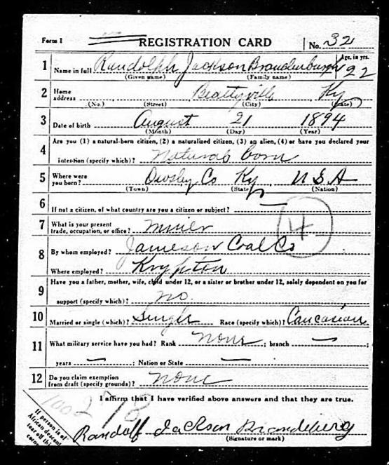 Registration Card.  Mr. Johnson born 1894 in Owsley County.  Occupation Miner.