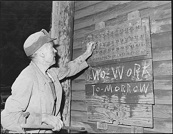 &quot;Blaine Sergent, coal loader, putting up his check at end of day&#039;s work; he had loaded seventeen tons of coal this day. This mine seldom works over five days weekly. P V &amp; K Coal Company, Clover Gap Mine, Lejunior, Harlan County, Kentucky., 09/13/1946&quot;  From the National Archives, Records of the Solid Fuels Administration for War 1937-1948, Report of the Medical Survey of the Bituminous Coal Industry 1946-1947. National Archives Identifier 541285 <a href="http://research.archives.gov/description/541285">http://research.archives.gov/description/541285</a>